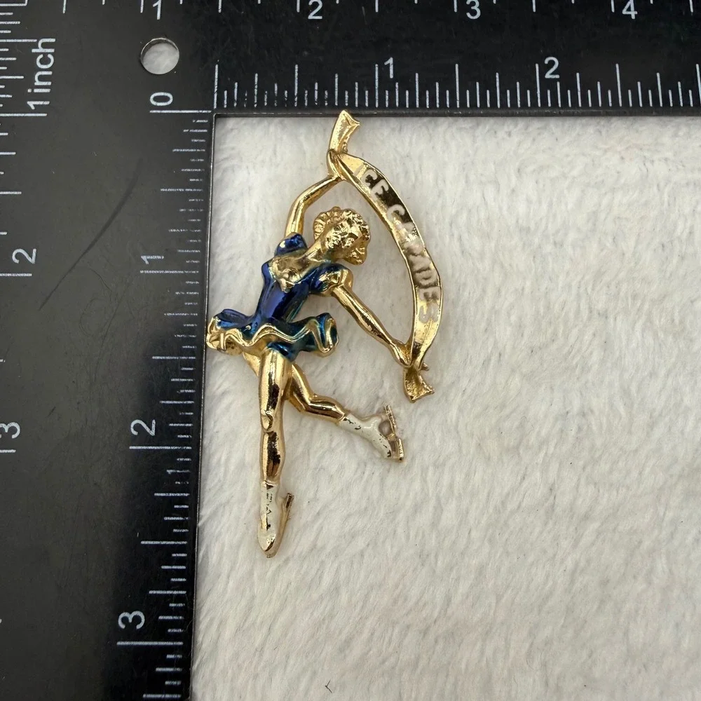 Vintage Ice Capades Brooch Gold Blue Enamel Figure Skater Banner Pin